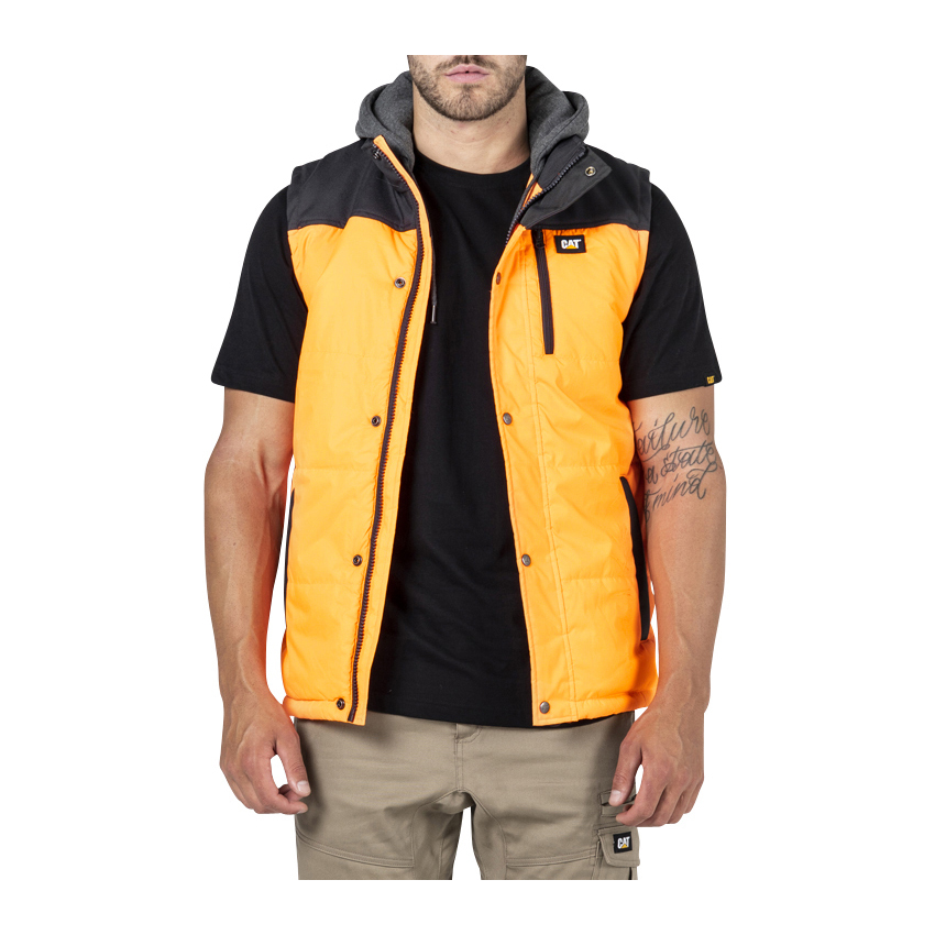 Caterpillar Hi Vis Hooded Work - Mens Vests - Orange/Black - NZ (497DVPOET)